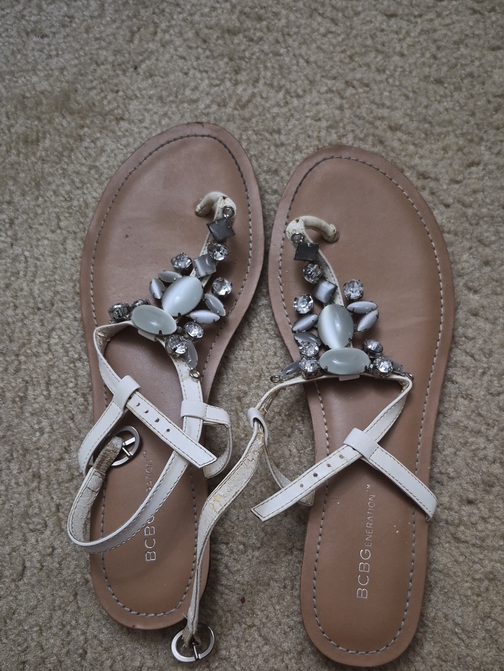 BCBGeneration Ivory Jeweled T-Strap Sandals